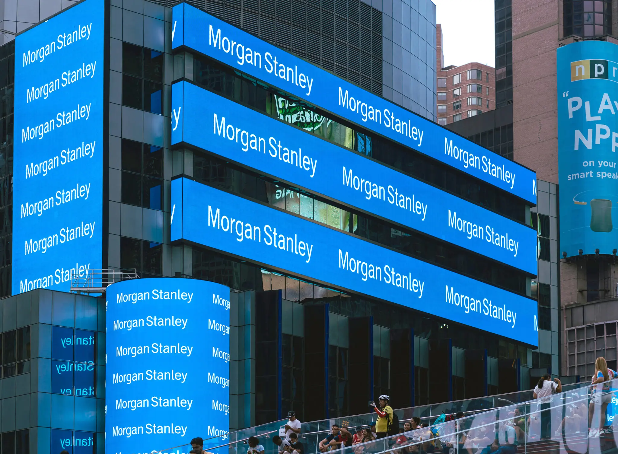 Morgan Stanley building with digital signs.