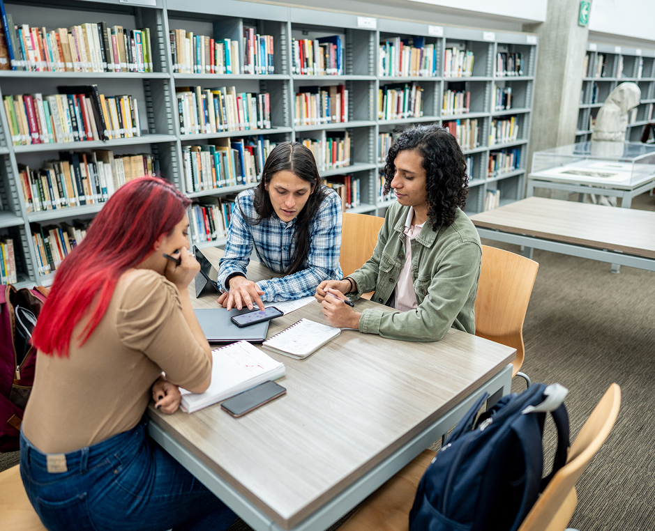 Students studying together in a library.