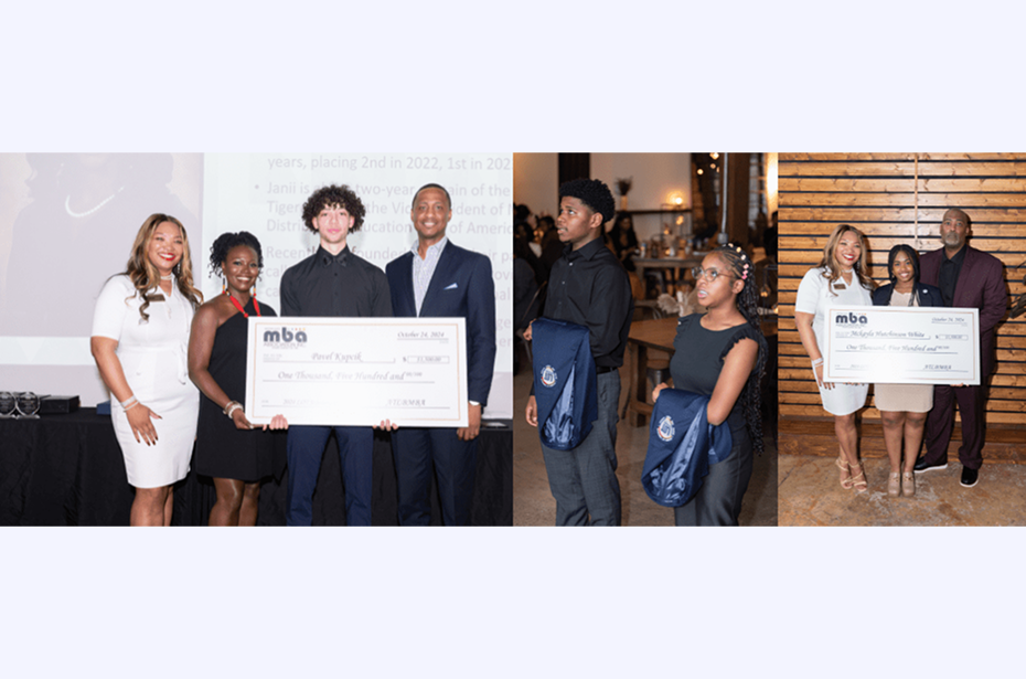 People holding large check and gift bags.