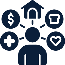 Person with money, housing, food, health, love icons
