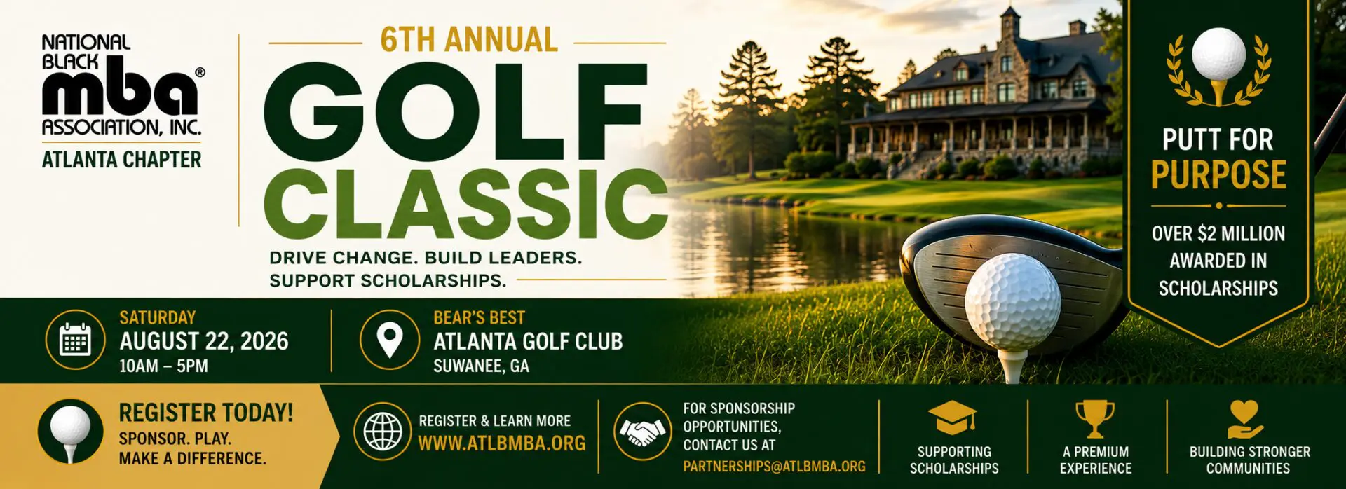 Golf Classic banner with clubhouse and golf ball